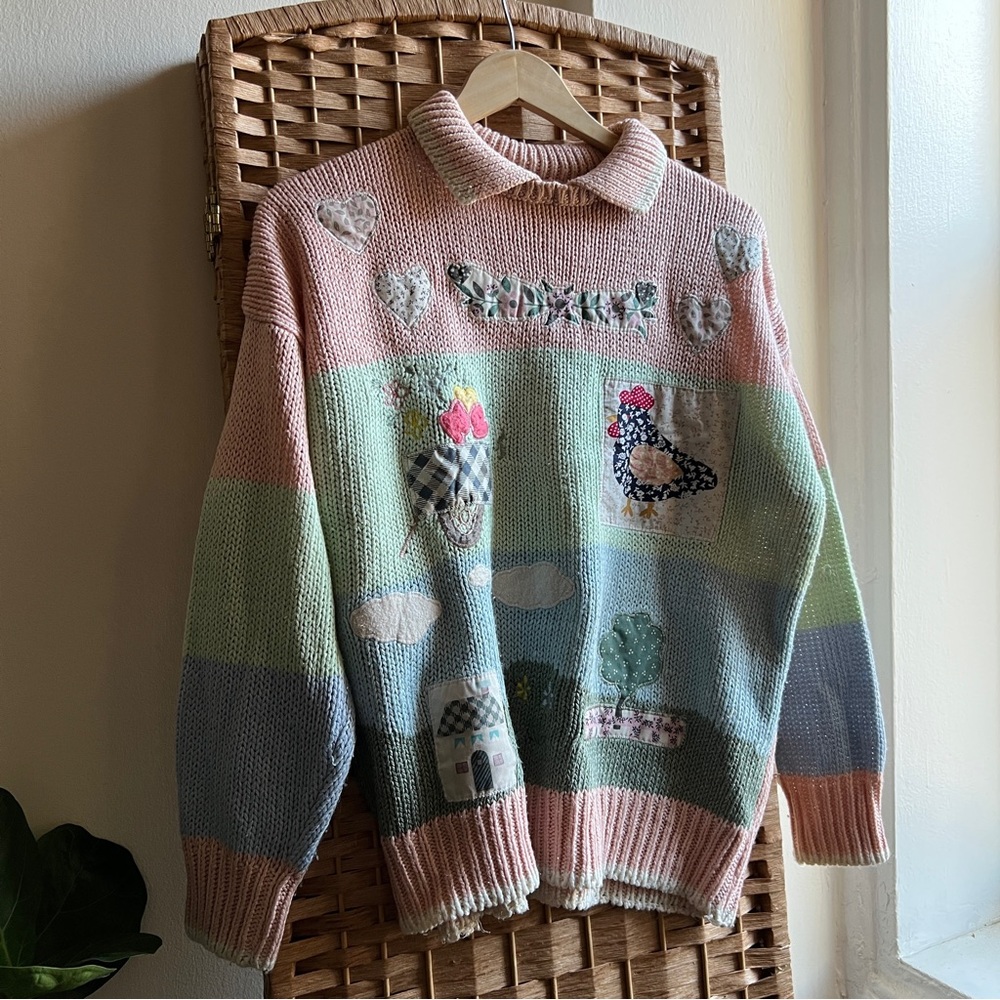Korean Pastel Patchwork Ramie Blend Collared Sweater